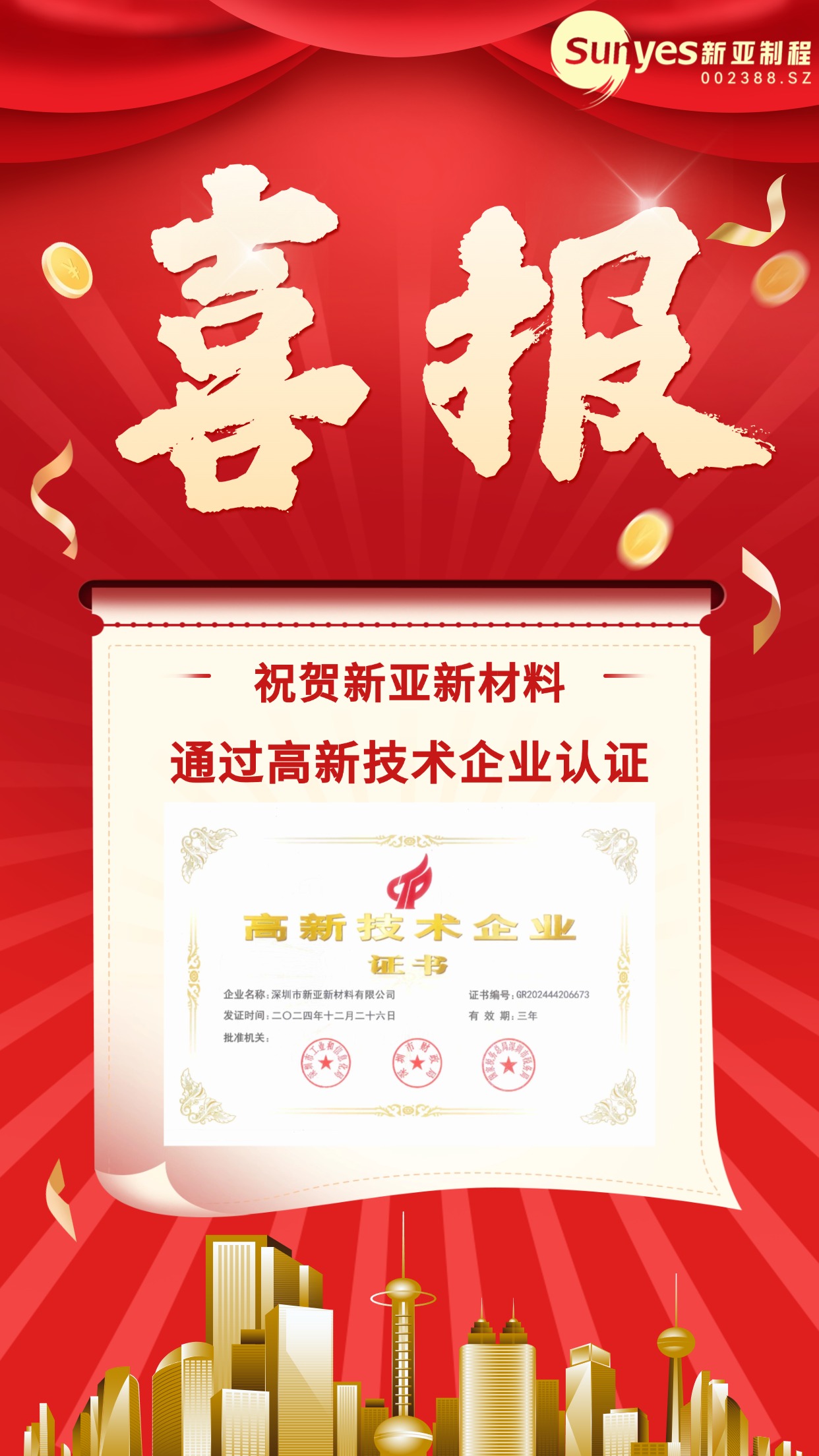 新亞新材料再次榮獲國家級高新技術(shù)企業(yè)認證